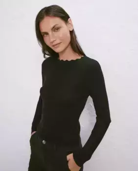 Женский свитер с круглым вырезом и отделкой фестонами Easy Wear, черный