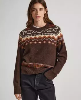 Женский свитер с круглым вырезом и жаккардовым принтом Pepe Jeans, темно коричневый