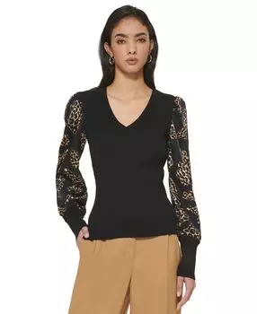 Женский свитер с объемными рукавами и v-образным вырезом DKNY