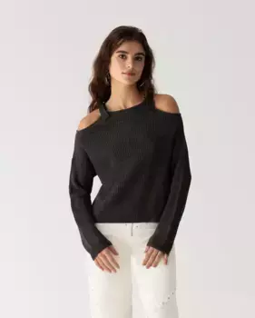 Женский свитер с открытыми плечами и регулируемым воротником с пряжкой Noon, темно-серый