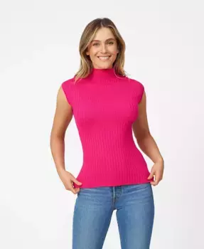 Женский свитер с ребристой вязкой, высоким воротником и короткими рукавами Cable & Gauge, розовый
