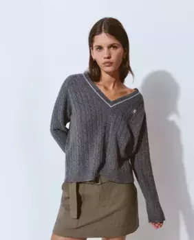 Женский свитер с V-образным вырезом и щитком Brownie, темно-серый