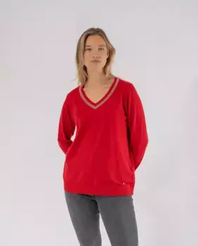 Женский свитер с V-образным вырезом и цепочкой October, красный