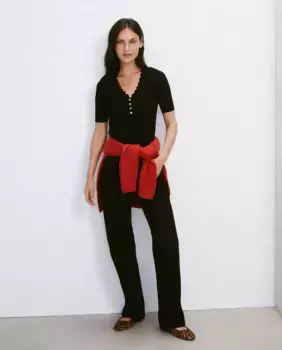 Женский свитер с V-образным вырезом и отделкой фестонами Easy Wear, черный