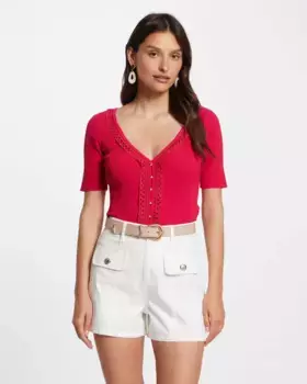 Женский свитер с V-образным вырезом и декоративными пуговицами Morgan, красный