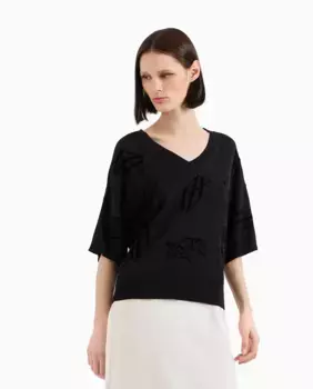 Женский свитер с V-образным вырезом и флокированным мульти-логотипом Armani Exchange, черный