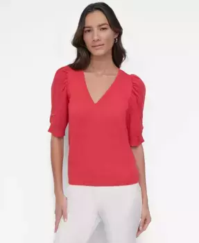 Женский свитер с V-образным вырезом и пышными рукавами DKNY, красный