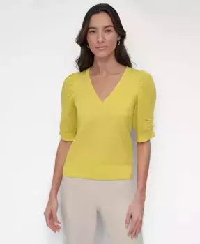 Женский свитер с V-образным вырезом и пышными рукавами DKNY, желтый