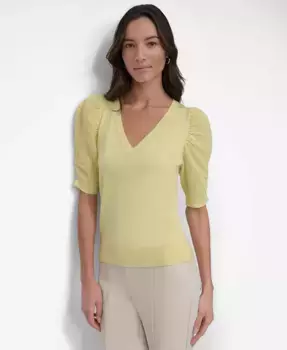 Женский свитер с V-образным вырезом и пышными рукавами DKNY, желтый