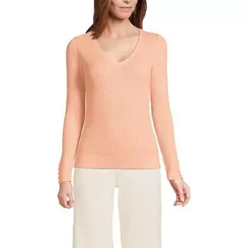 Женский свитер с V-образным вырезом и тонкой вязкой Lands' End, цвет peach sorbet