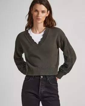 Женский свитер с V-образным вырезом и ажурными деталями Pepe Jeans, темно-зеленый