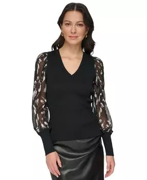 Женский свитер с v-образным вырезом и шифоновыми рукавами DKNY