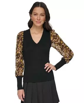 Женский свитер с v-образным вырезом и шифоновыми рукавами DKNY