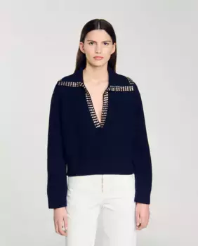 Женский свитер с воротником-хомутом Sandro, темно-синий