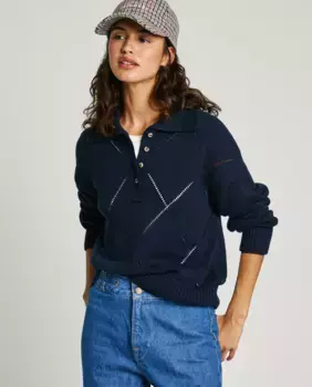 Женский свитер с воротником-поло и ромбовидной отделкой Pepe Jeans, темно-синий