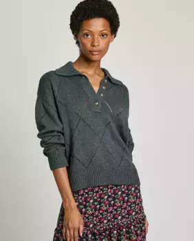 Женский свитер с воротником-поло и ромбовидной отделкой Pepe Jeans, темно-серый