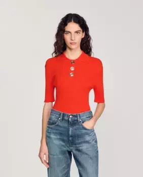 Женский свитер с воротником-поло в рубчик Sandro, красный