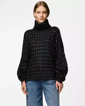 Женский свитер с высоким воротом и стразами Pieces, черный