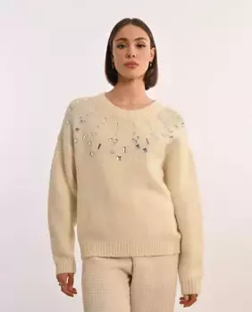 Женский свитер со стразами и круглым вырезом Lili Sidonio, кремовый