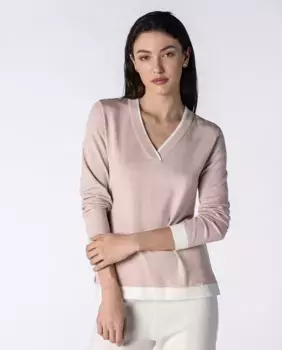 Женский свитер сплошной вязки с длинными рукавами, V-образным вырезом и контрастной окантовкой Naulover, цвет Rosa Claro