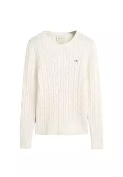 Женский свитер - STRETCH COTTON CABLE C-NECK, круглый вырез, косая вязка, логотип GANT, цвет Ecru