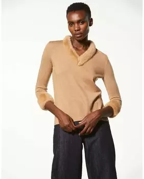 Женский свитер тонкой вязки с воротником и манжетами из натурального меха Georges Rech Pars, коричневый