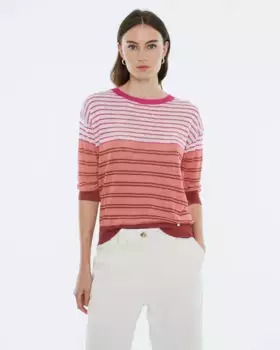 Женский свитер тонкой вязки в полоску с круглым вырезом и французскими рукавами Andam, розовый