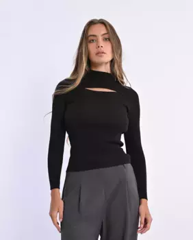 Женский свитер в рубчик с вырезом по горловине Lili Sidonio, черный