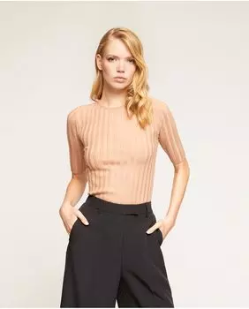 Женский свитер в рубчик со сборками сзади Motivi, бежевый