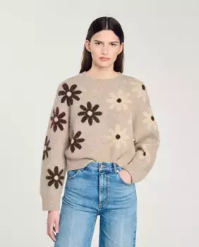 Женский свитер жаккардовой вязки с цветочным принтом Sandro, бежевый