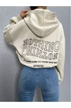 Женский свитшот оверсайз без принта, БЕЖЕВЫЙ, с обратной стороны, без принта Trendseninle