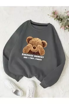 Женский свитшот с круглым вырезом и принтом дымчатого мишки Shy Teddy Bear Trendseninle