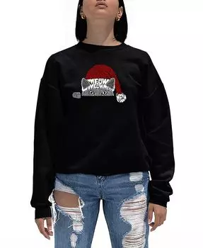 Женский свитшот с круглым вырезом «Рождественский выглядывающий кот» Word Art LA Pop Art, черный