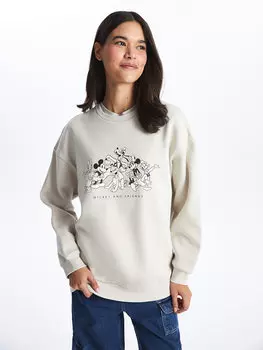 Женский свитшот-туника оверсайз с длинными рукавами и круглым вырезом с принтом «Микки и друзья» LCW Casual