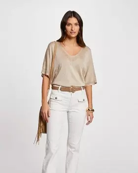 Женский свободный свитер с V-образным вырезом и короткими рукавами Morgan, бежевый