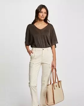 Женский свободный свитер с V-образным вырезом и короткими рукавами Morgan, хаки