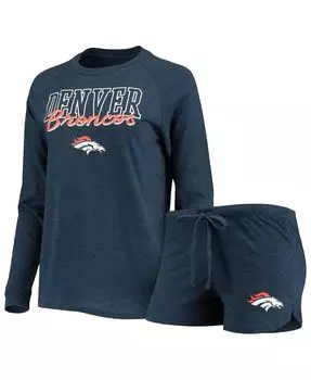 Женский темно-синий комплект для сна Denver Broncos из вязанного топа реглан с длинными рукавами и шорт Concepts Sport, темно-синий