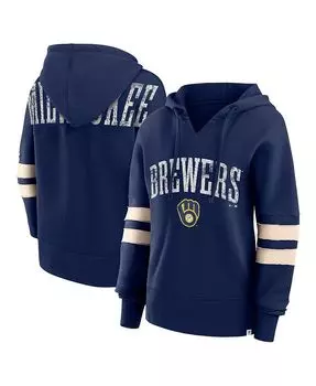 Женский темно-синий пуловер с капюшоном с надписью Milwaukee Brewers Bold Move Notch Neck Fanatics, синий