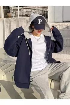 Женский темно-синий серый кардиган с капюшоном и подробной молнией Trendseninle