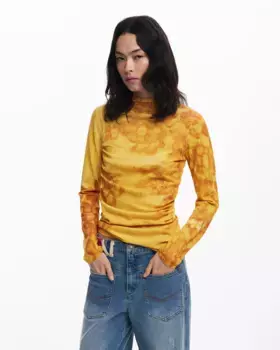 Женский тонкий джемпер акварельный длинный Desigual, желтый