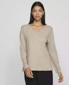 Женский тонкий свитер с V-образным вырезом Vila, бежевый
