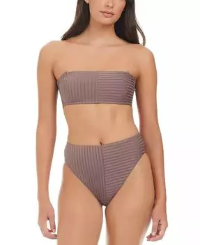 Женский топ-бандо в рубчик Refresh и плавки-бикини в рубчик с высоким вырезом и высокой талией Sanctuary, черный