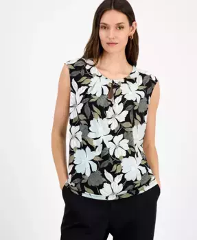 Женский топ без рукавов с принтом и вырезом "ключ", Regular & Petite Kasper, зеленый