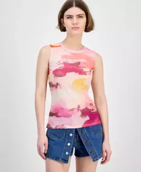 Женский топ без рукавов с принтом и сетчатыми вставками Bar III, мультиколор