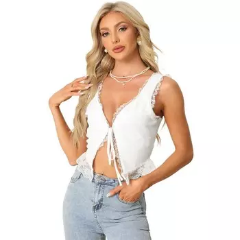 Женский топ без рукавов с завязками спереди, укороченные топы на бретельках с v-образным вырезом и кружевной отделкой ALLEGRA K, белый