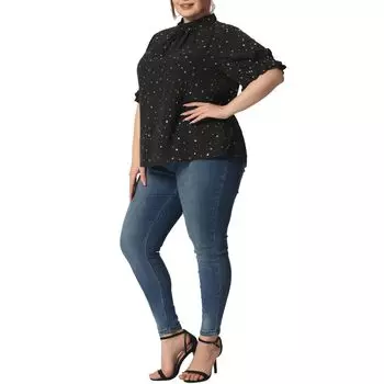 Женский топ больших размеров со складками с воротником-стойкой и геометрическим принтом на рукавах-фонариках Agnes Orinda, зеленый