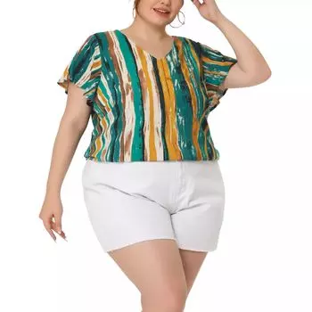 Женский топ больших размеров в полоску с круглым вырезом и короткими рукавами в стиле бохо Agnes Orinda, зеленый