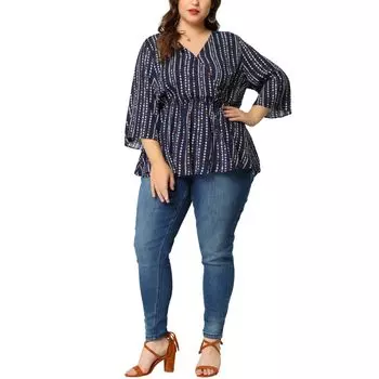 Женский топ больших размеров в полоску с баской и длинными рукавами в стиле бохо Agnes Orinda, красный