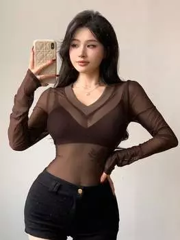 Женский топ DAZY, связанный трикотажным узором из ткани. полупрозрачная сетка, кофейно-коричневый