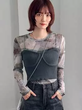 Женский топ FRIFUL, круглый вырез, тай-дай, длинные рукава, серый